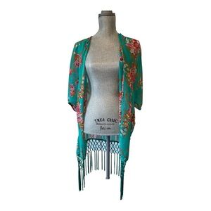 Boho floral beach cover up with fringe in teal, pink, red